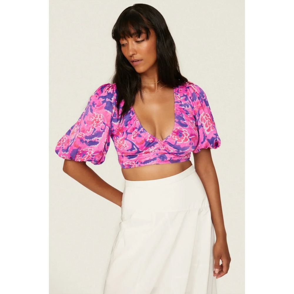 Rococo Sand Floral Crop Top‎ Pink Purple Puff Sleeve V-Neck Blouse Size M
